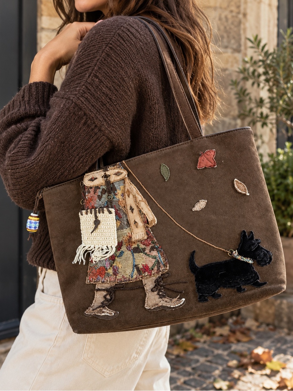 Vintage St. John’s Bay Brown Suede Scottie Dog Appliqué Tote Bag Y2K